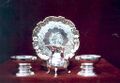 Pair of salts, salver and cream jug bearing arms of family of Beachcroft. (Arms granted 12 Nov. 1717: Bendy of siz argent and gules three stags heads cabossed or. Crest: A beech tree proper behind six park pales argent.)