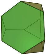 Truncated tetrahedron: The four faces from the tetrahedron are truncated to become regular hexagons, and there are four more equilateral triangle faces where each tetrahedron vertex was truncated. As a uniform polyhedron that is not a prism or antiprism, this is an Archimedean solid.[15][16]