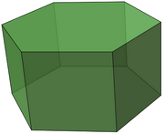 Hexagonal prism: Two faces are parallel regular hexagons; six squares link corresponding pairs of hexagon edges. With all faces regular and all vertices symmetric to each other, this is a uniform polyhedron.[13] It tiles space by translation as a parallelohedron.[14] The hexagonal frustum is topologically equivalent.