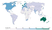Average price of a pack of 20 cigarettes, measured in international dollars in 2014.[261]