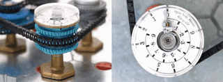 A spintronic 1 mF capacitor and voltmeter. A torsion spring on the inside stores energy when the sprockets on the body are turned.
