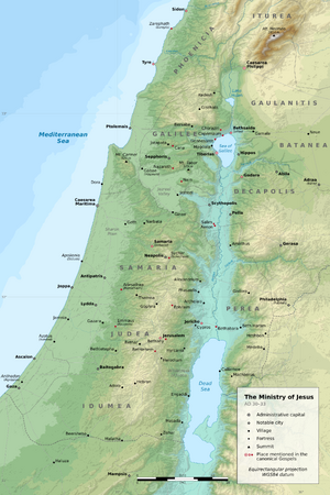 Topographical map of Palestine in the First Century highlighting places mentioned in the canonical gospels.