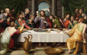 A depiction of the Last Supper. Jesus sits in the center, his apostles gathered around on either side of him.