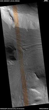 Lineated valley fill in valley, as seen by HiRISE under HiWish program. Linear valley flow is ice covered by debris. Lineated valley fill is generally considered to be and example of a glacier, as it involves the movement of ice.