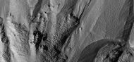Close-up of gullies in a crater from previous image. Image taken by HiRISE under HiWish program.