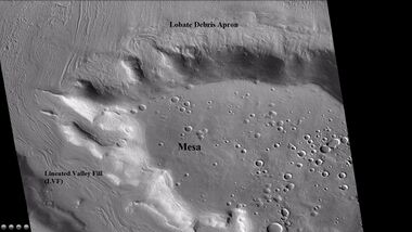 Wide CTX view of mesa showing lobate debris apron (LDA) and lineated valley fill. Both are believed to be debris covered glaciers. Location is Ismenius Lacus quadrangle.