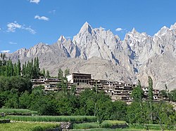 Village nestled in a mountain valley