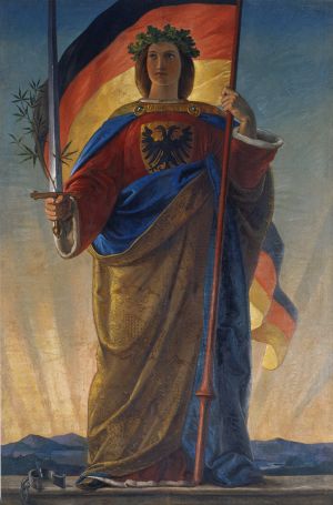 The allegorical figure of Germania (robed woman, sword, flowing hair) is standing, holding sword