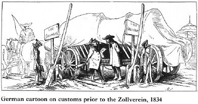 drawing of a wagon loaded with barrels, covered with a tarp, stuck between two border signs, the driver paying a fee to cross. Caption reads "German cartoon on customs prior to the Zollverein, 1834".