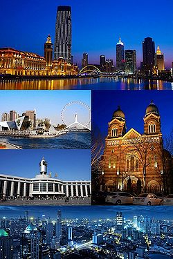 Clockwise from top:Jinwan Square, Tianjin Financial Center and Hai River, Xikai Church, Panorama of downtown Tianjin, Tianjin Railroad Station, Tianjin Eye Park