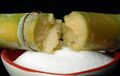 Close-up view of sugar cane & refined sugar