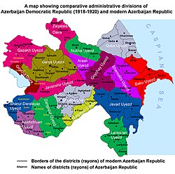A map showing comparative administrative divisions of the Azerbaijan Democratic Republic (1918–20) and modern Azerbaijan Republic.