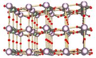 Ball and stick model of layered crystal structure containing two types of atoms.