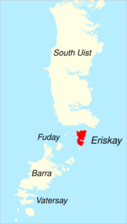 A map showing Eriskay south of South Uist and north of Barra