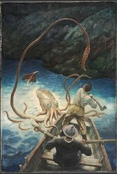 #29 (26/10/1873) The Adventure of the Giant Squid, painted by N. C. Wyeth c. 1939 to illustrate Norman Duncan's The Adventures of Billy Topsail (1906)[228] as republished in Anthology of Children's Literature (1940).[303] The story includes a fictionalised encounter with a giant squid based on the widely reported first Portugal Cove specimen.