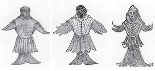 #1 (c. 1546) Three further 16th century depictions of the "sea monk of the Øresund", possibly a giant squid or an angelshark (Squatina squatina), from the works of (left to right): Stefan Hamer (1546:[1], fig.), Conrad Lycosthenes (1557:609, fig.), and Johannes Sluperius (1572:105, fig.), as collected in Paxton & Holland (2005:41, fig. 1).