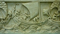 Here a spritsail used on a Roman merchant ship (3rd century AD).