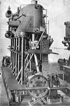 Vertical triple-expansion engine of Engineering:USS Wisconsin (BB-9). The typical vertical engine arrangement of cylinder, piston rod, connecting rod and crankshaft can clearly be seen in this photo.