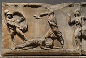 Slab of the Amazonomachy frieze from the Mausoleum at Halikarnassos, Mausoleum at Halicarnassus, British Museum (17333851139).jpg