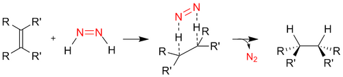 Mechanism of hydrogenation using diimide.