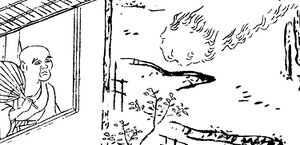 Drawing of man with a fan looking out window at a light