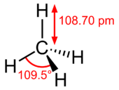 Stereo, skeletal formula of methane with some measurements added