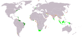 Map marking territories that at some point were Dutch holdings   Territories administered by or originating from territories administered by the Dutch East India Company   Territories administered by or originating from territories administered by the Dutch West India Company Tiny orange squares indicate smaller trading posts, the so-called handelsposten.