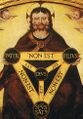 A representation of the Trifacial Trinity, as a three faced head, sometimes used in Renaissance iconography (but disavowed by the Catholic Church).