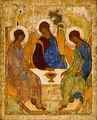 The Trinity by Russian icon painter Andrei Rublev, early 15th century: this portrayal of the three angels who visited Abraham at the Oak of Mamre (Genesis 18:1-8)