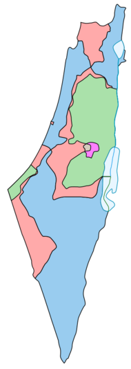 Map comparing the borders of the 1947 partition plan and the armistice of 1949.