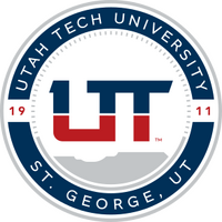 The presidential seal of Utah Tech University, with a representation of the red rocks behind it