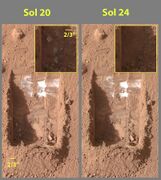 Color versions of the photos showing ice sublimation, with the lower left corner of the trench enlarged in the insets in the upper right of the images.