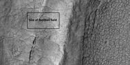 Close-up of field of high center polygons with scale, as seen by HiRISE under HiWish program Note: the black box is the size of a football field.