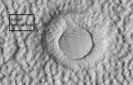 Close view of Ring-mold craters and brain terrain, as seen by HiRISE under HiWish program Rectangle shows size of football field for scale.