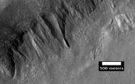 Place where a lobate debris apron begins. Note stripes which indicate movement. Image located in Ismenius Lacus quadrangle. Lobate debris aprons have been shown to contain almost pure water ice covered over with a layer of rocky debris.