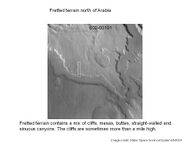 Fretted terrain of Ismenius Lacus showing flat floored valleys and cliffs. Photo taken with Mars Orbiter Camera (MOC)on the Mars Global Surveyor, under the MOC Public Targeting Program.
