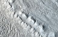 Enlargement of area in rectangle of the previous image. On Earth the ridge would be called the terminal moraine of an alpine glacier. Picture taken with HiRISE under the HiWish program.