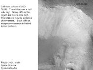 Enlargement of the photo on the left showing cliff. Photo taken with high-resolution camera of Mars Global Surveyor (MGS), under the MOC Public Targeting Program.
