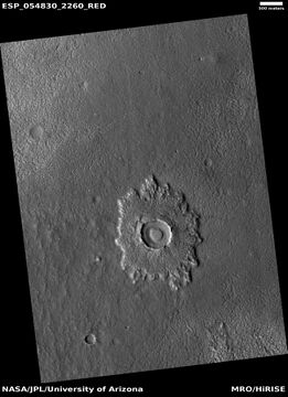 Pedestal crater, as seen by HiRISE under HiWish program Mesa on the crater floor formed after the crater.