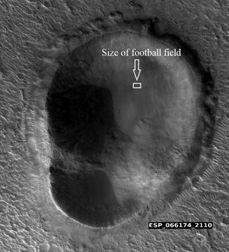 Double crater Box shows size of football field. The object broke into two right before striking surface. This image was named HiRISE picture of the day for August 5, 2022.