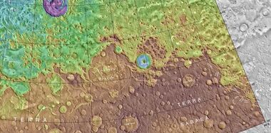 MOLA map showing Rudaux Crater, and other nearby craters. Colors show elevations.