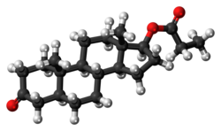Dihydrotestosterone propionate molecule ball.png