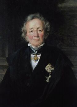 Painting of an older man with white hair dressed in a formal black garment with an ornate badge on his chest