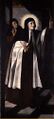 St. Teresa of Avila, in a Carmelite habit, and with a halo of golden rays, holds a crucifix aloft.