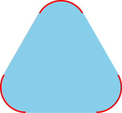 A picture of a smoothed triangle, like a triangular tortilla-chip or a triangular road-sign. Each of the three rounded corners is drawn with a red curve. The remaining interior points of the triangular shape are shaded with blue.