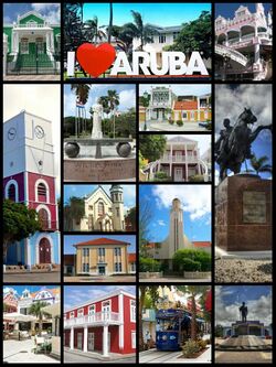 Clockwise: Townhall, I Love Aruba sign, Royal Plaza, Plaza Simon Bolivar, Plaza Betico Croes, Tram in center of the town, Census Building, Plaza Daniel Leo, Willem III tower. Center clockwise: Wilhelmina Park, Archeological Museum, Ecury House, Protestant church, Aruban Courthouse, San Francisco church
